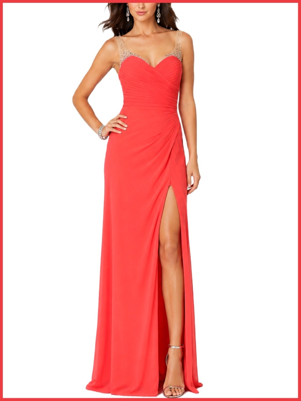 La Femme Bright Coral Embellished Sleeveless Jersey Gown | Dress